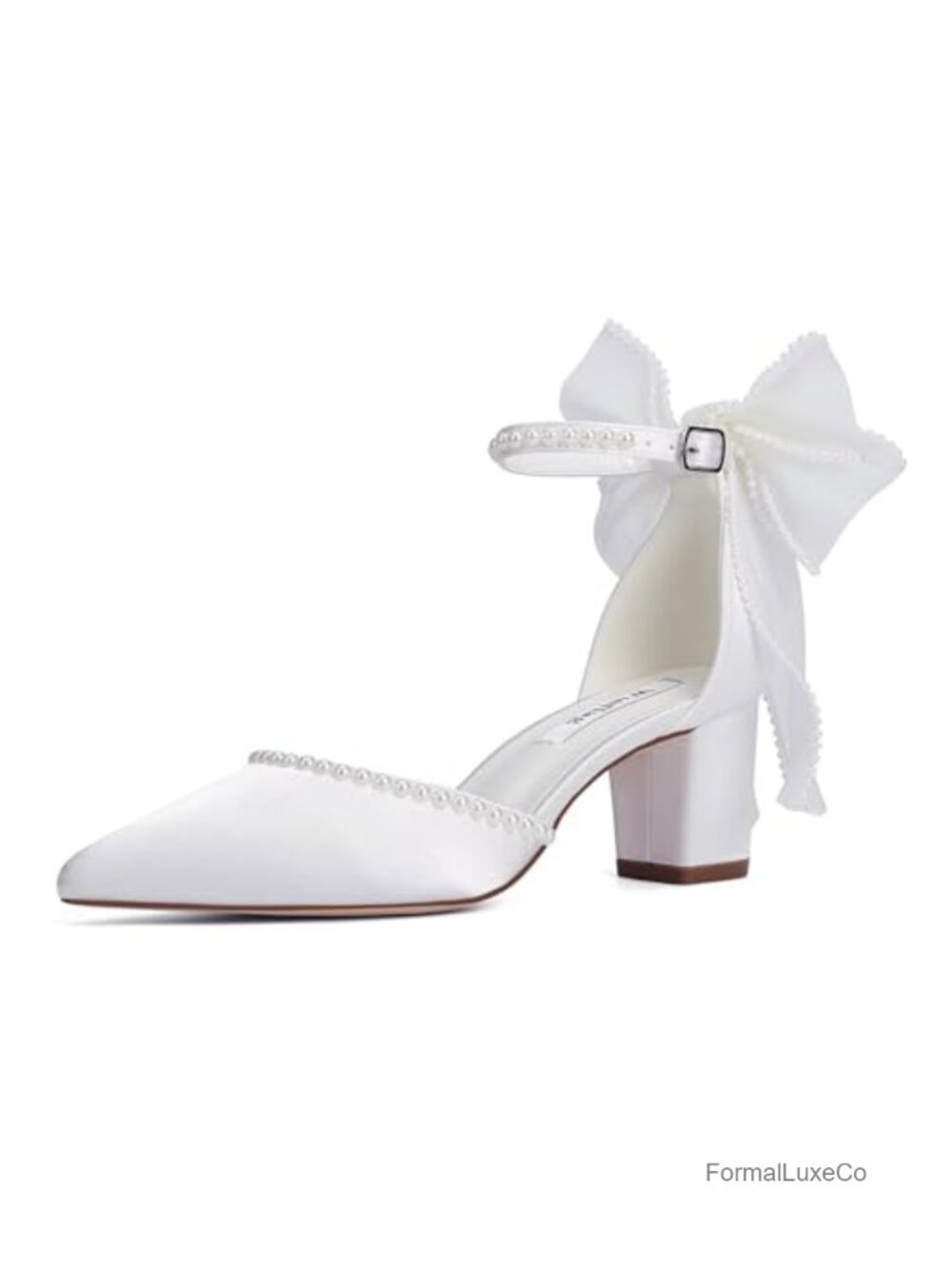 Block Heel Wedding Shoes with Pearls and Bow